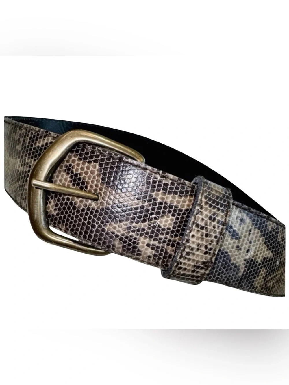 Women’s Python Camo-Styled Leather Belt. Green, Black. 33” x 1.5”